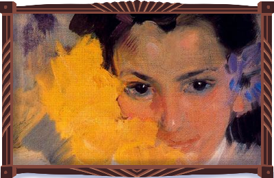 Close-up of Joaquín Sorolla’s “Girl with Flowers”, original “Nina con Flores”, painted in 1886. A young girl with black hair, black eyes, black brows smiles blushing behind a bouquet of yellow flowers. A shock of blue-violet flowers in her hair, above her ears. Off-white dress. Her eyes tell you to come forth—but at the same time you’re not sure you want to breach that barrier of golden sun by her cheeks; red cheeks…
